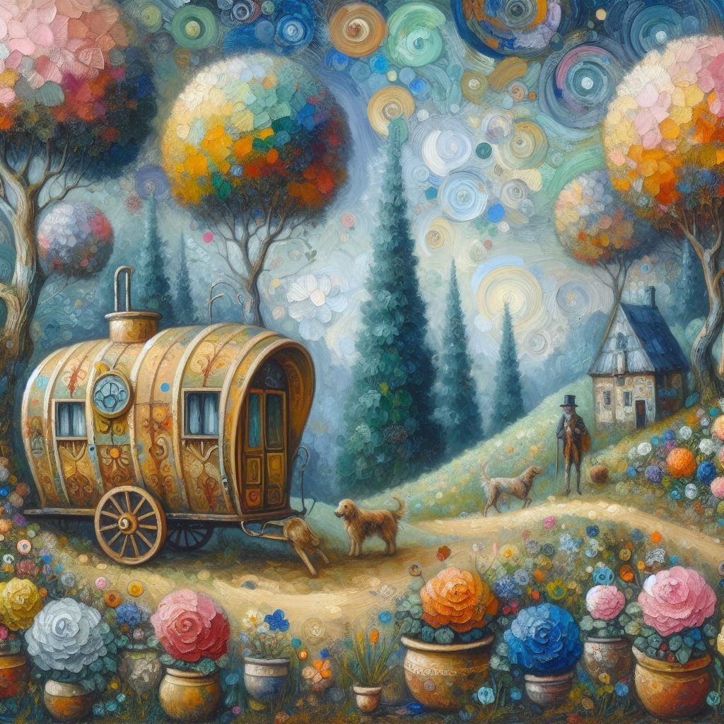 Fantasy painting of decorated caravan in garden with swirling sky, trees, flowers, and celestial elements