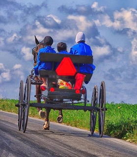 Rear view of three people in an Amish buggy being pulled by a horse on a rural road