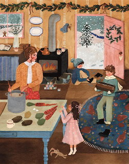Folk art painting of family in warm kitchen baking cookies on snowy winter day