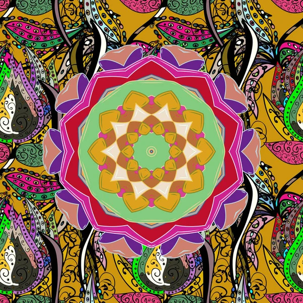Colorful mandala with geometric center, purple rings, and ornate paisley border in gold, black, pink, and green