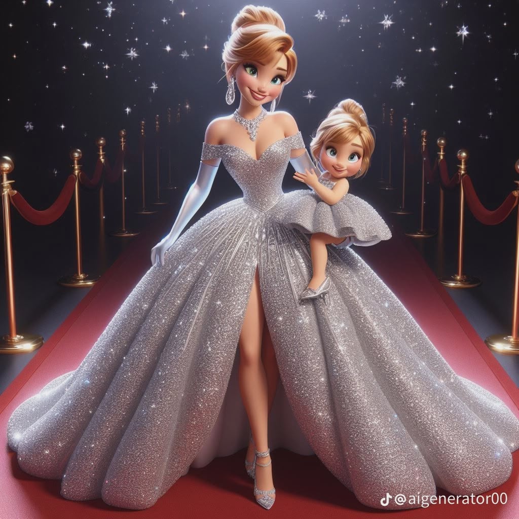 Two animated princesses in sparkling silver ball gowns standing on red carpet with velvet rope stanchions