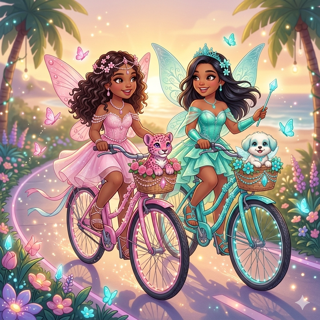 Two fairy girls ride bicycles with a kitten and puppy in baskets on a glowing seaside path.