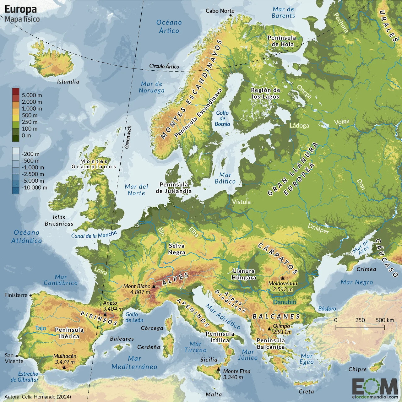Physical relief map of Europe showing terrain elevation, mountains, seas, and country labels