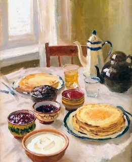 Painting of a breakfast table with pancakes, jam bowls, cream, and teapots near a window