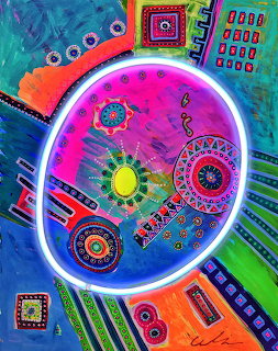 Colorful abstract painting with large circular orb containing geometric patterns and mandala designs on blue background