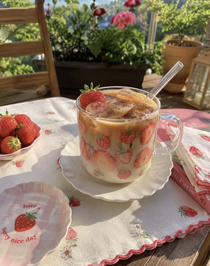Iced coffee drink with strawberries on white scalloped saucer on outdoor terrace table with flowers and greenery