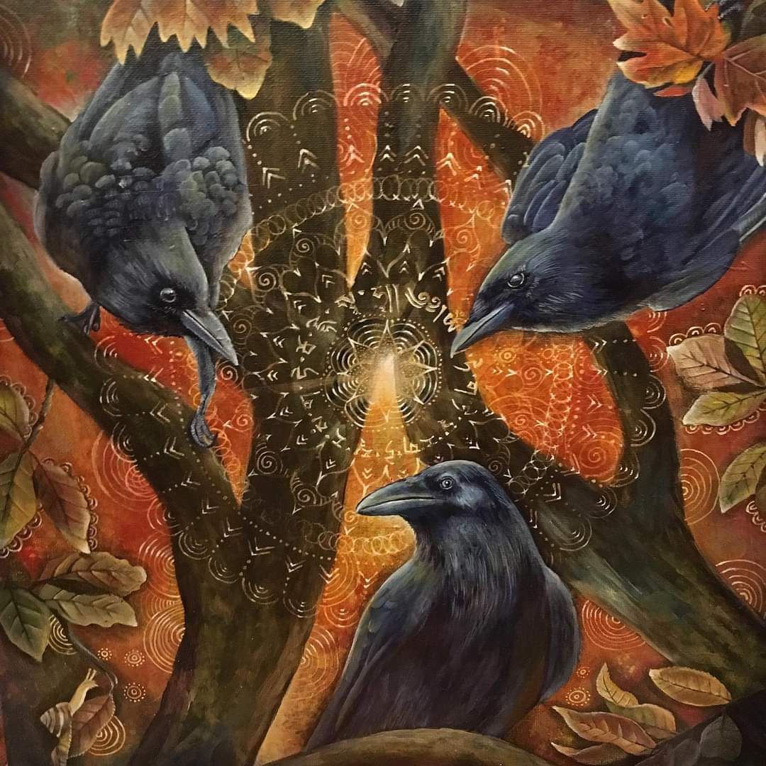 Three black crows around decorative tree branches with autumn leaves in orange and gold