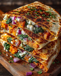 Stack of folded quesadillas with spinach, red onion, and cheese on a wooden board
