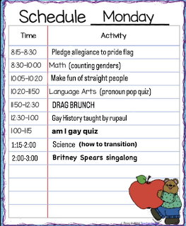 Cartoon Monday school schedule with a bear mascot holding an apple, listing daily classroom activities.