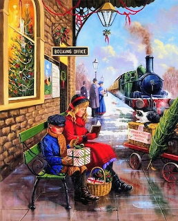 Painting of two children sitting on a bench at a snowy train station with a steam train and Christmas tree