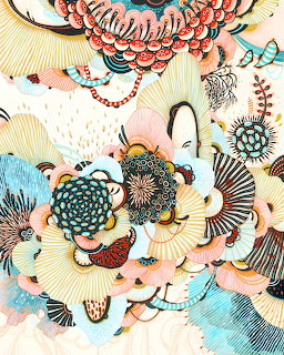 Abstract painting with layered organic floral forms in coral, turquoise, and cream with intricate line patterns