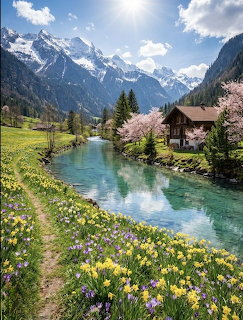 Swiss chalet by turquoise river with wildflowers and snowy mountains