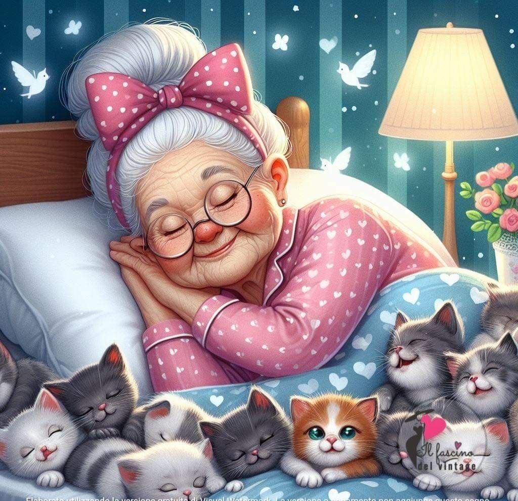 Illustration of elderly woman in pink pajamas sleeping in bed with several cute kittens cuddled around her