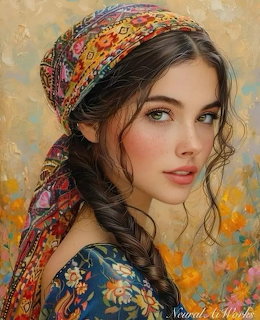 Painting of a young woman with a floral headscarf, braid, and soft floral background