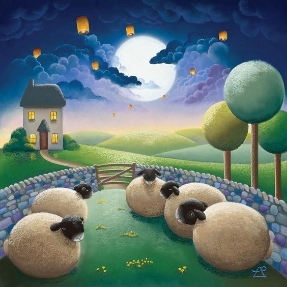 Stylized sheep with black faces on green hills beneath a bright moon and paper lanterns in a dreamy night scene