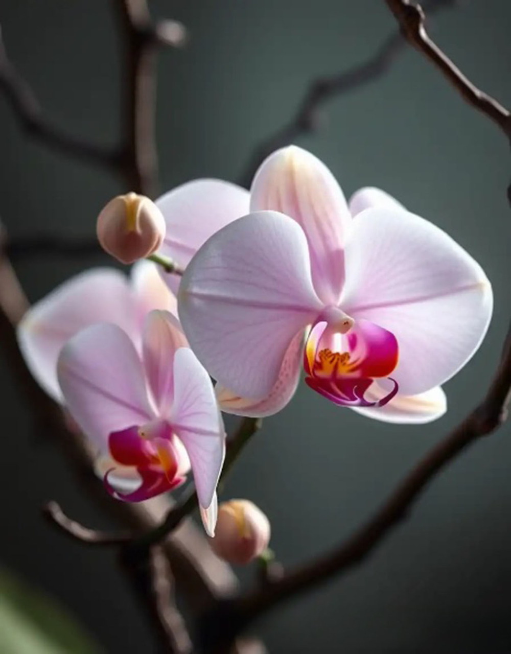 Pink phalaenopsis orchid flowers with magenta centers and buds on dark twisting branches