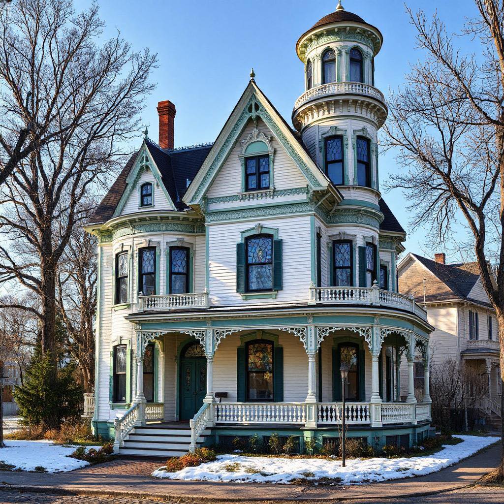 White Victorian mansion with round tower and ornate porch in winter snow