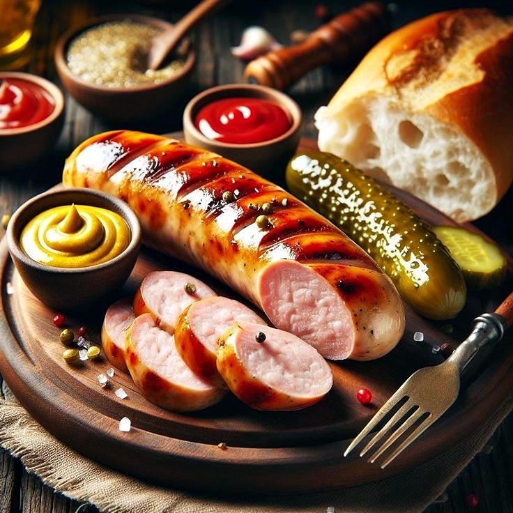 Grilled sausage with condiments, pickles, and bread on wooden platter