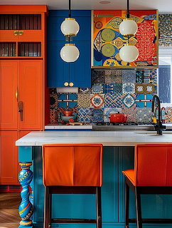 Modern kitchen with bright orange cabinets, blue walls, decorative patterned tiles, and colorful geometric bar stools