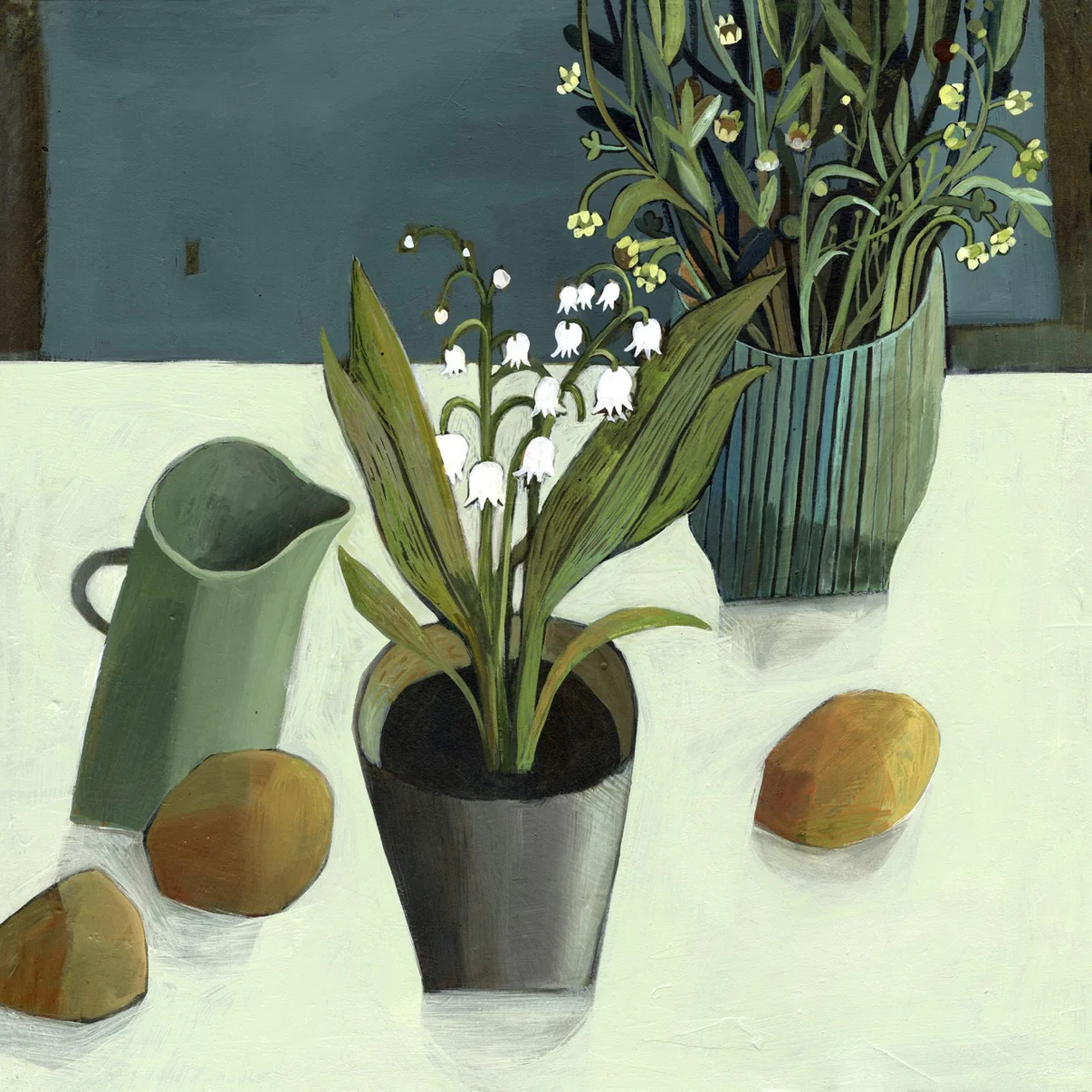 Still life painting with pears, a green pitcher, and potted lilies of the valley on a white table