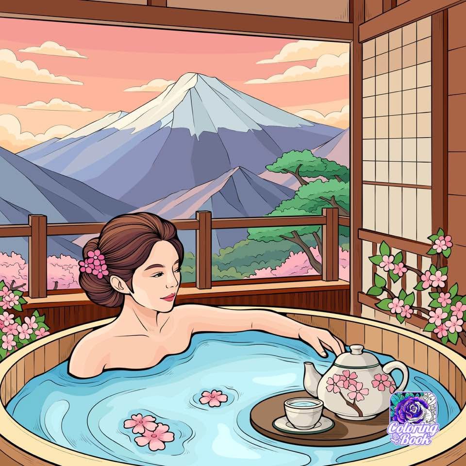 Illustrated woman in an onsen bath with cherry blossoms and a mountain view