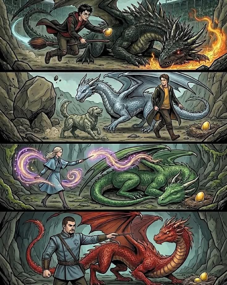 Illustrated collage of four fantasy scenes with wizards and dragons in rocky landscapes