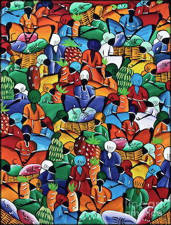 Colorful folk art painting of Dominican women in traditional dress at a market with fruits and vegetables