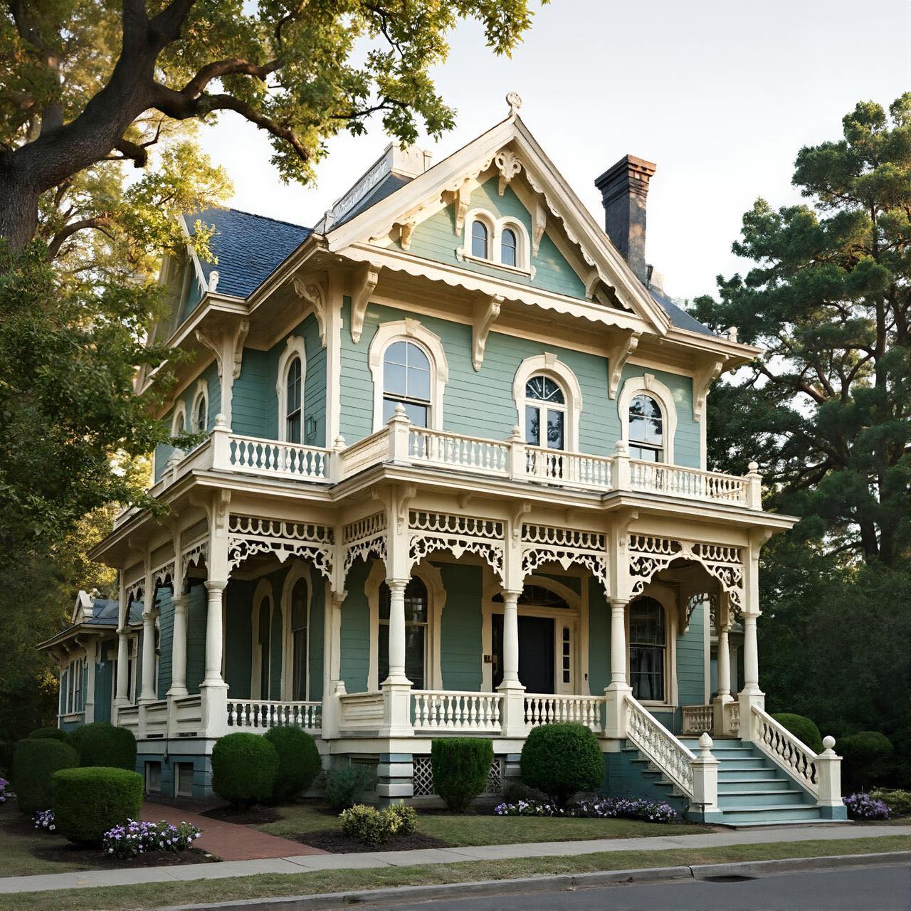Victorian mansion with white ornamental trim, wraparound porches, and gabled roof surrounded by trees