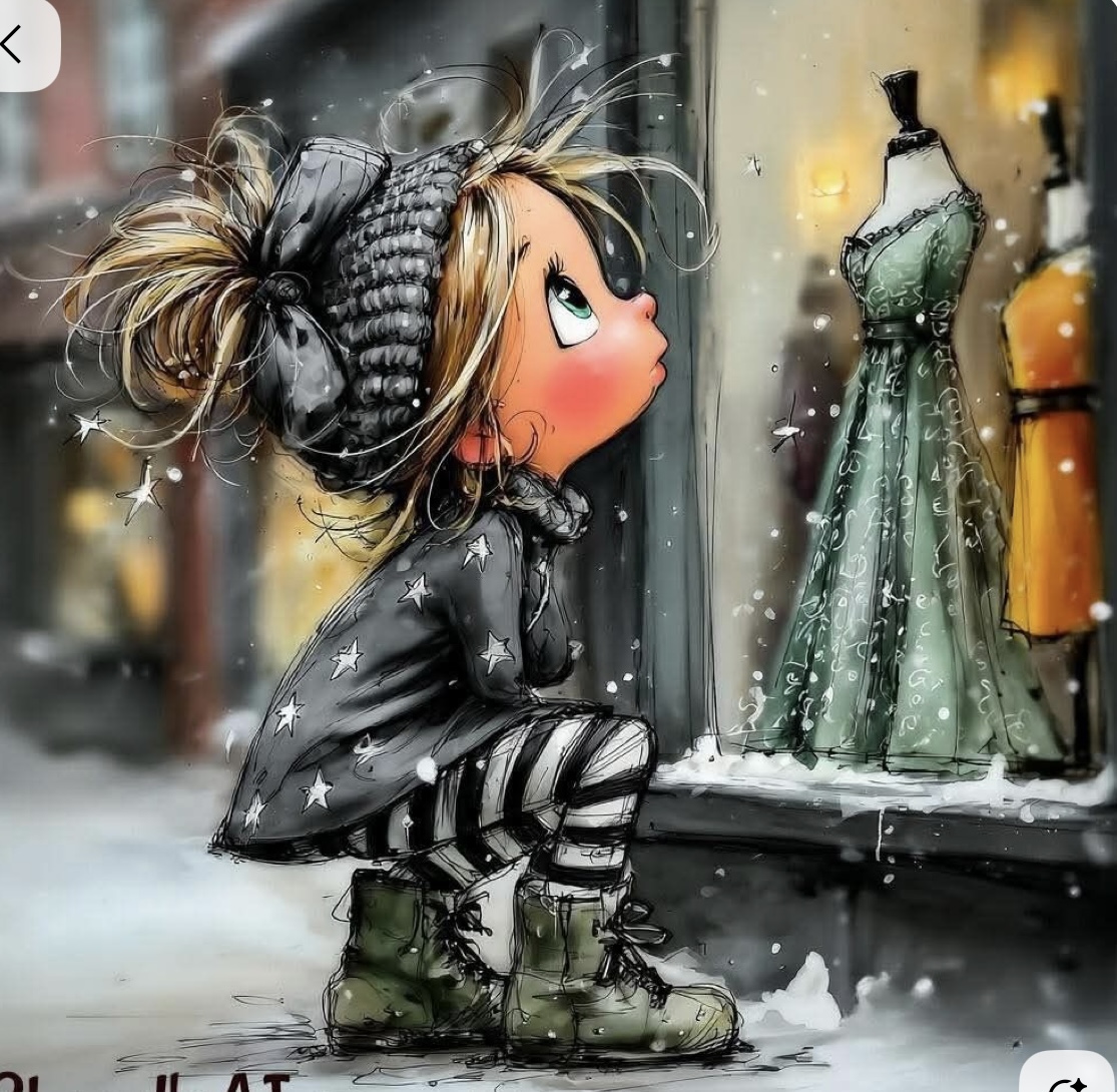Cartoon girl with beret looking at dress in winter shop window with falling snow