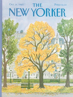 Illustrated magazine cover with autumn trees, a green bench, and city buildings behind a park