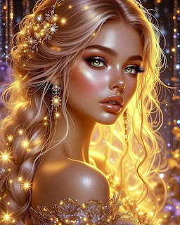 Illustrated portrait of a woman with braided golden hair and glowing fairy lights
