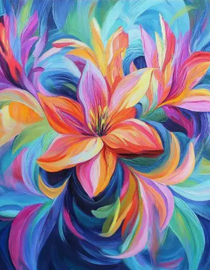 Abstract painting of colorful flower with swirling rainbow petals in orange, pink, purple, yellow and blue