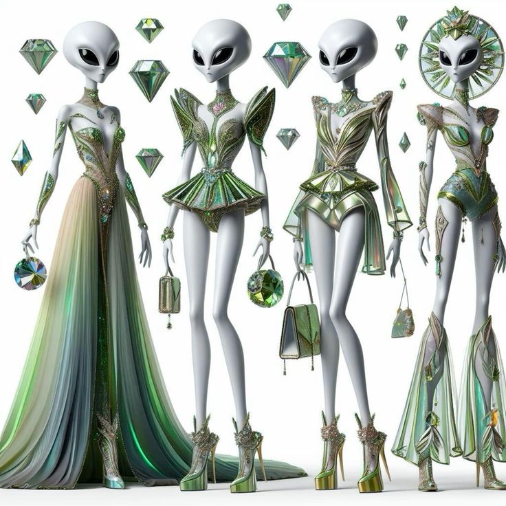 Four slender alien figures wearing green and white sci-fi fashion with floating emerald crystals