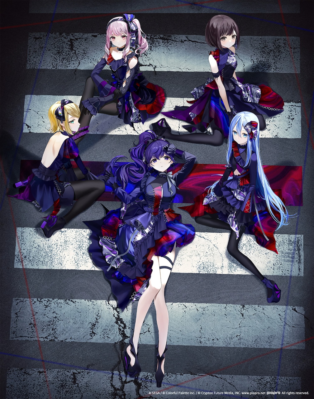 Anime illustration of Vocaloid characters in purple-toned music video art