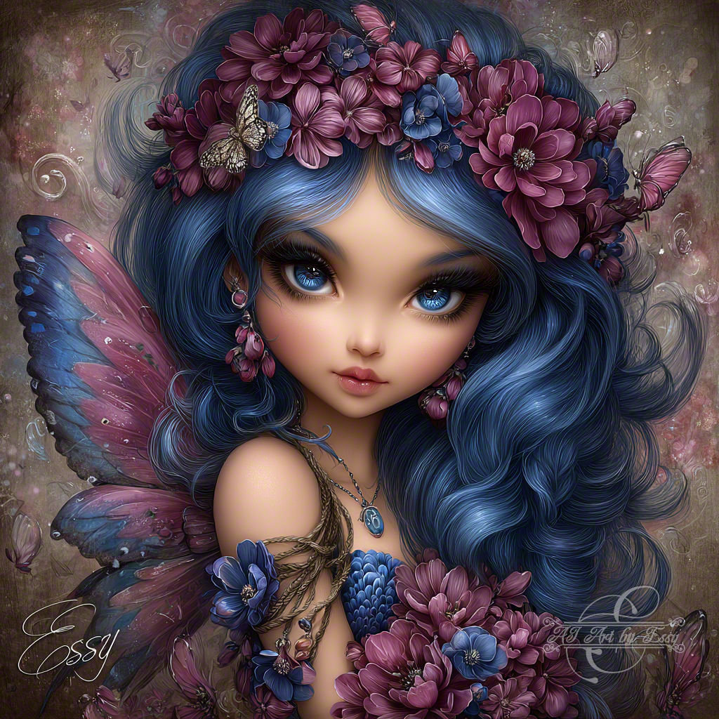 Fantasy fairy girl with blue hair, flower crown, and butterfly wings