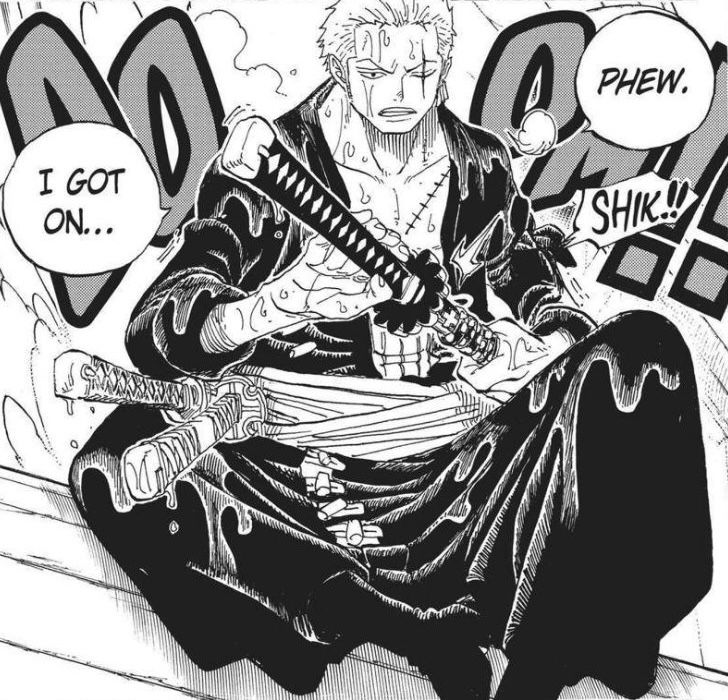 Manga drawing of Zoro from One Piece wielding three swords in action pose with speech bubbles