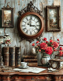 Vintage wall clock surrounded by old books, framed art, and red flowers on weathered blue wooden wall