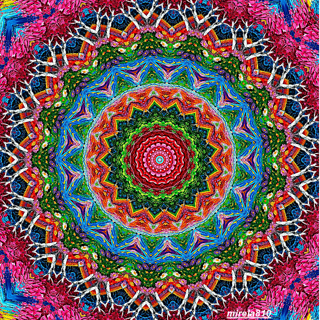Vibrant circular mandala with concentric rainbow patterns and intricate symmetrical geometric designs