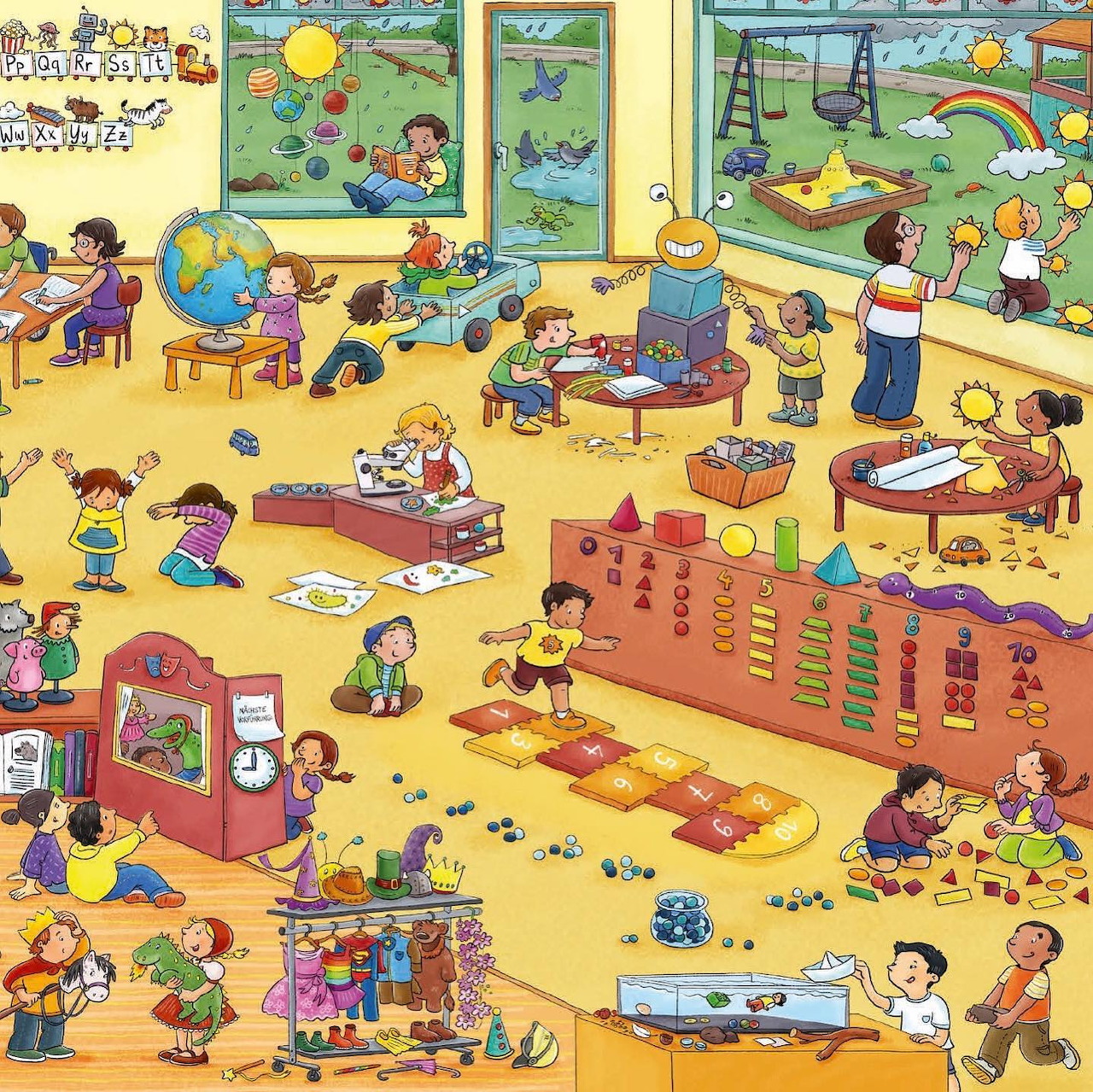 Cartoon daycare room with many children playing with toys and learning activities