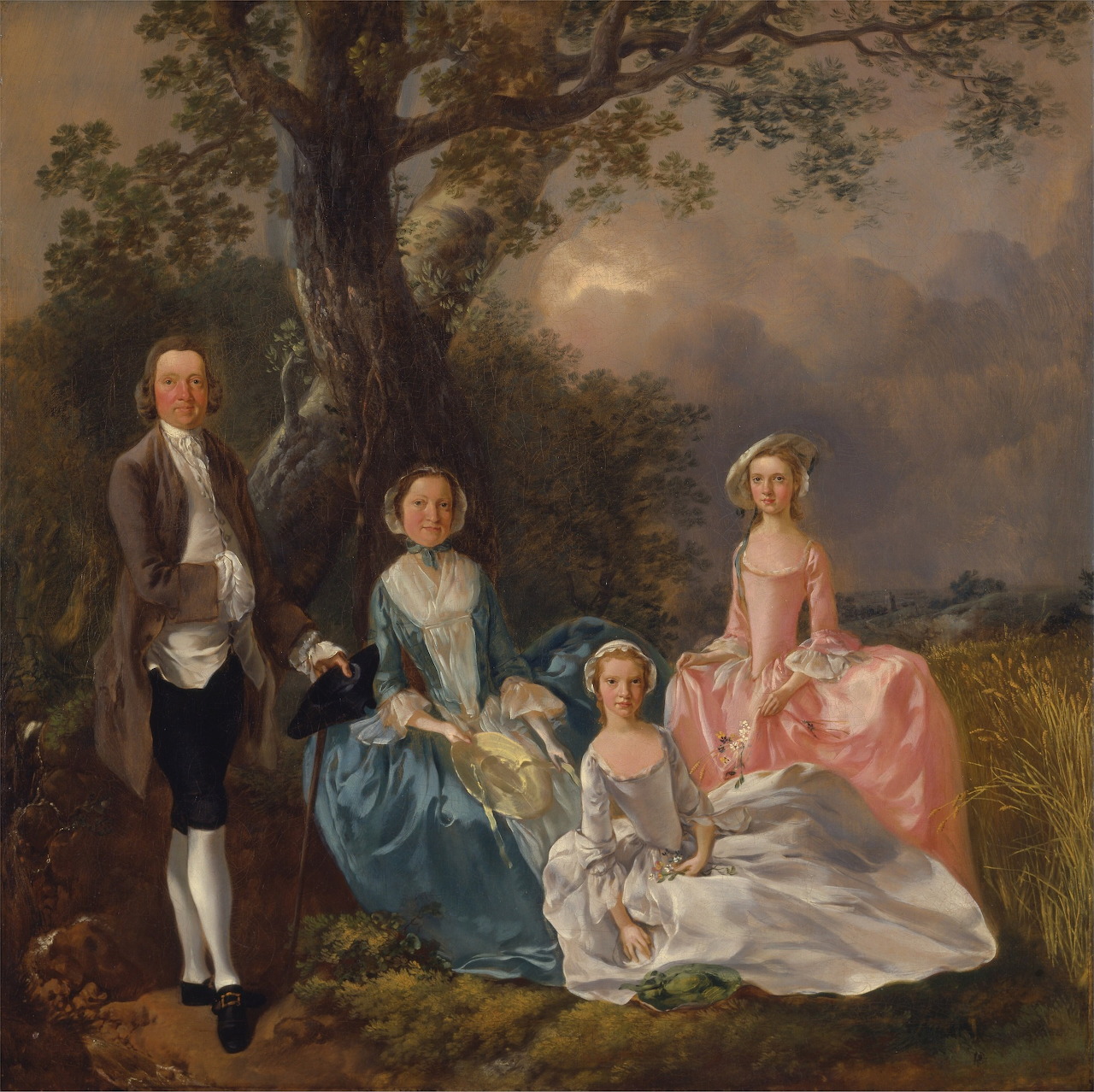 18th-century style painting of a man and three women seated and standing under a tree outdoors