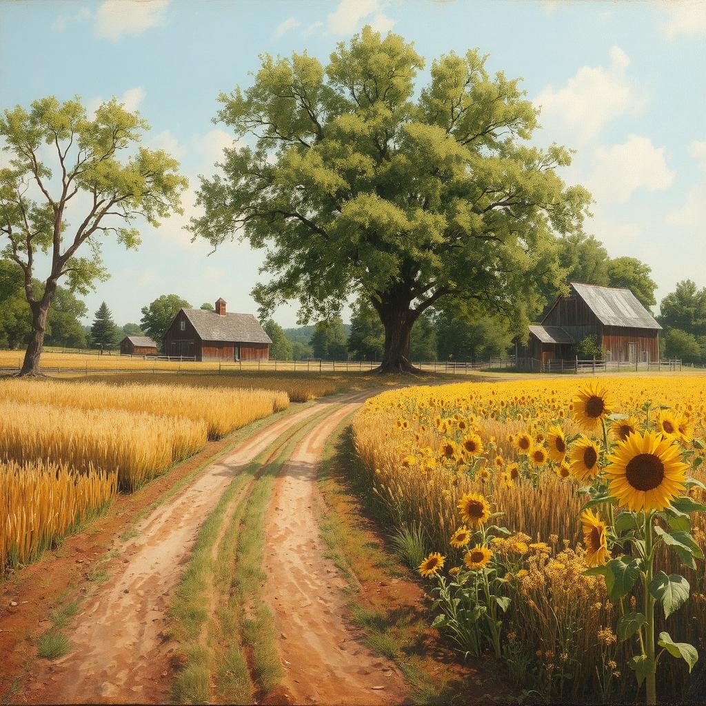 Painting of a country dirt road beside wheat and sunflower fields with trees and farm buildings