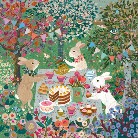 Illustrated rabbits enjoying tea and cake at a garden table surrounded by flowers and bunting