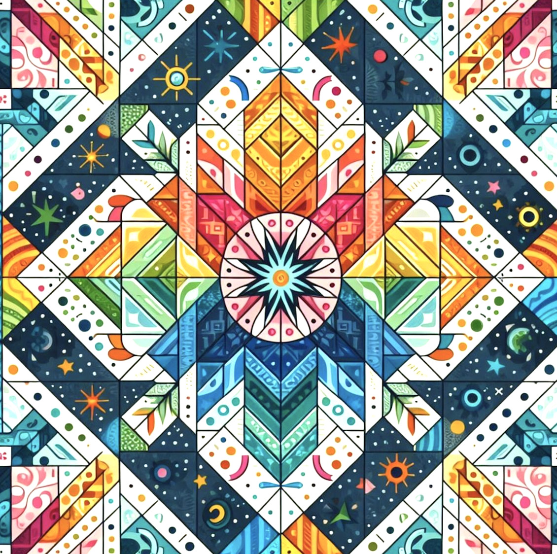Colorful geometric mandala with symmetrical quilt-inspired patterns in rainbow hues