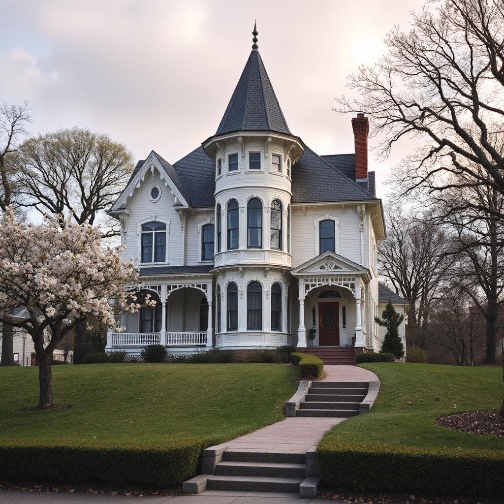 White Victorian mansion with turret and wraparound porch on green lawn
