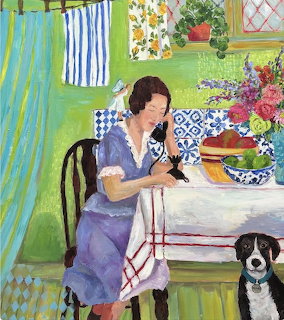Painting of woman in blue dress on phone at table with dog and colorful kitchen decor