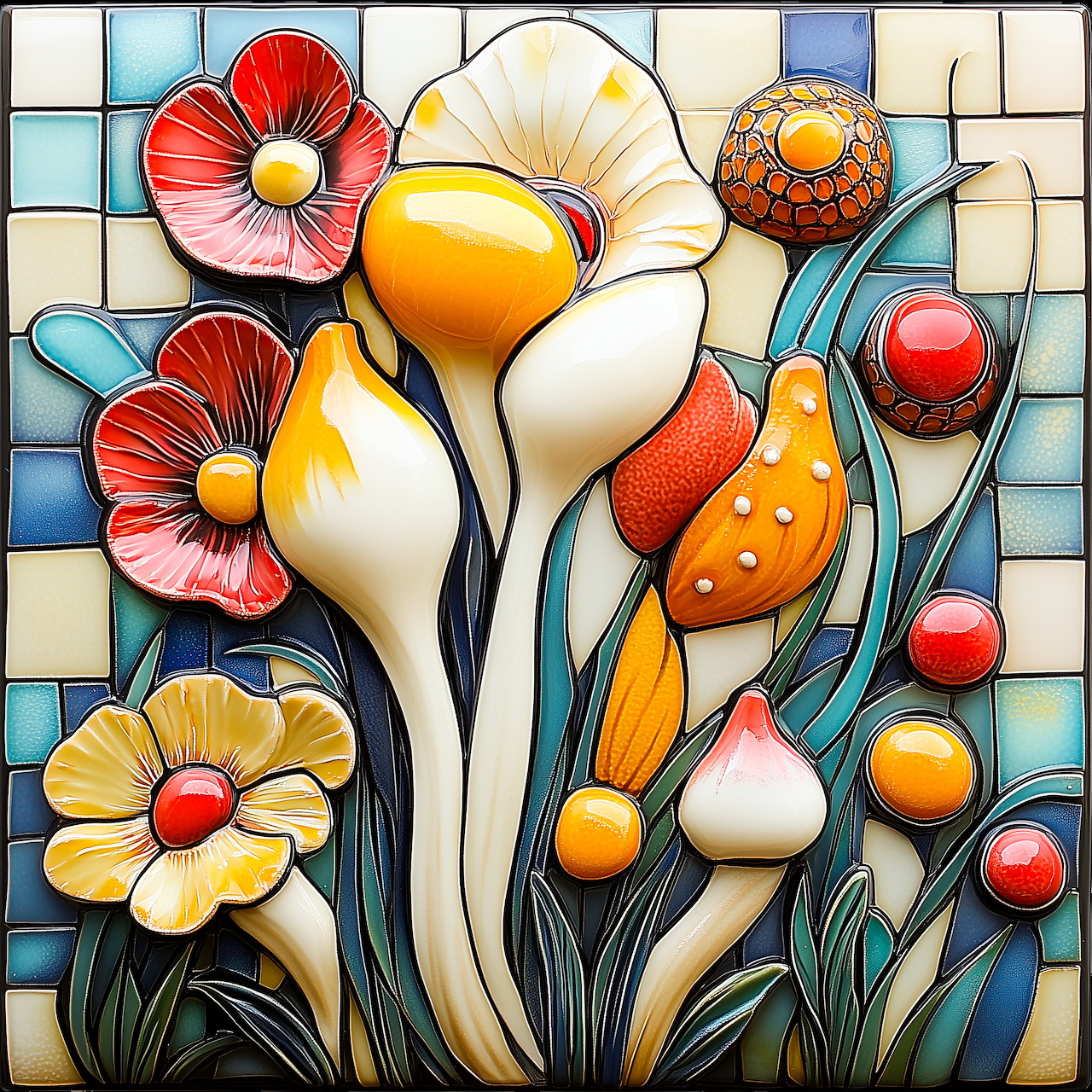 Ceramic tile art with colorful stylized flowers and mushrooms in mosaic pattern