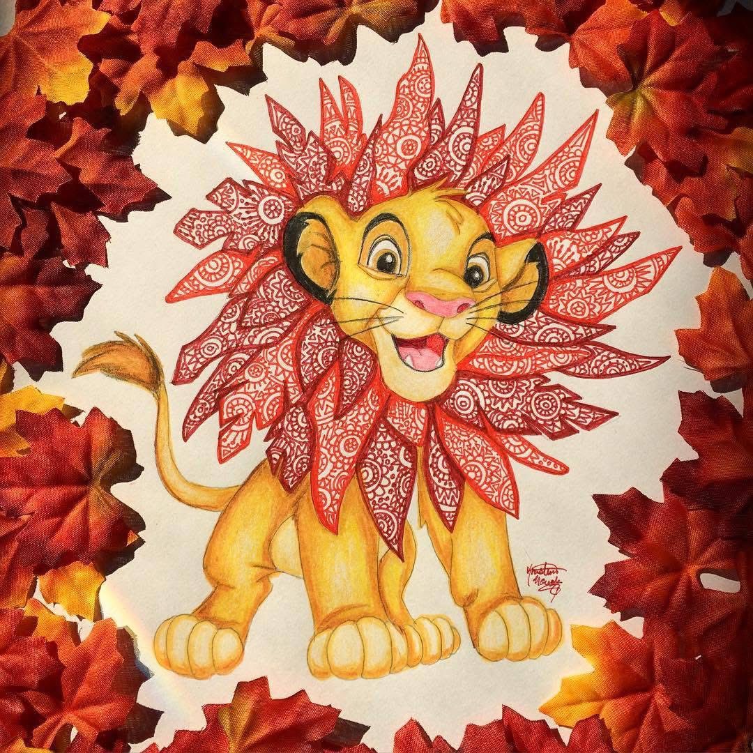 Cartoon lion cub with mandala pattern and fall leaves