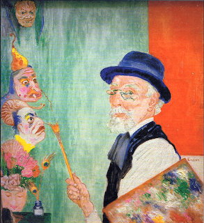 Expressionist self-portrait of bearded man in top hat with palette, surrounded by theatrical masks