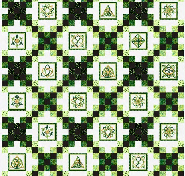 Green and white checkered quilt pattern with Celtic knot motifs in framed squares