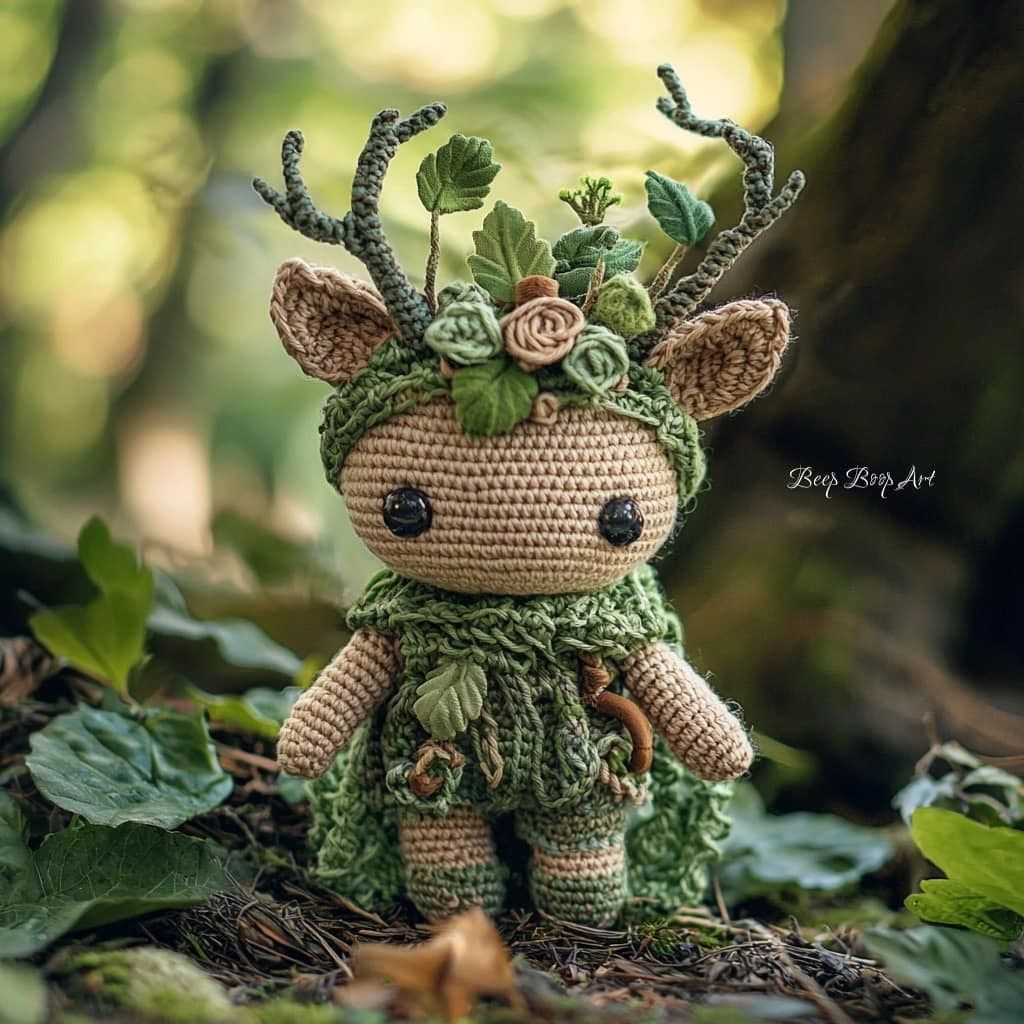 Crocheted amigurumi woodland deer figure with antlers and green leaf details on a mosy forest floor